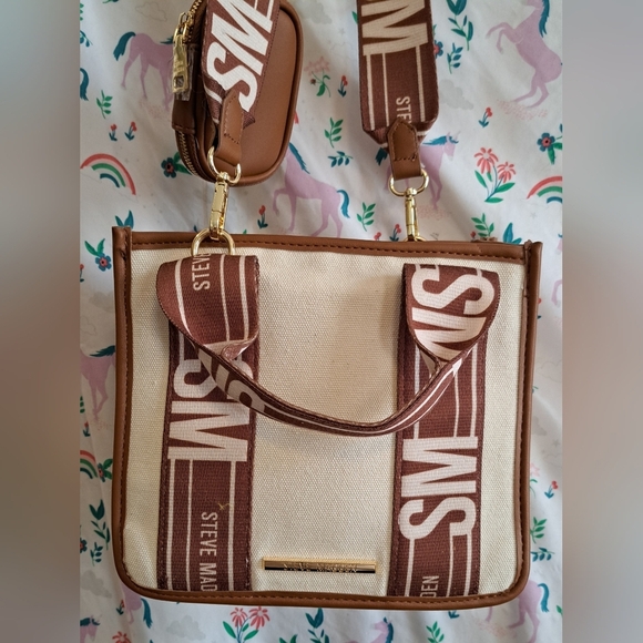 NWOT Steve Madden Bwebber Neutral Canvas Handbag Crossbody Purse Bag & Pouch - Picture 1 of 15